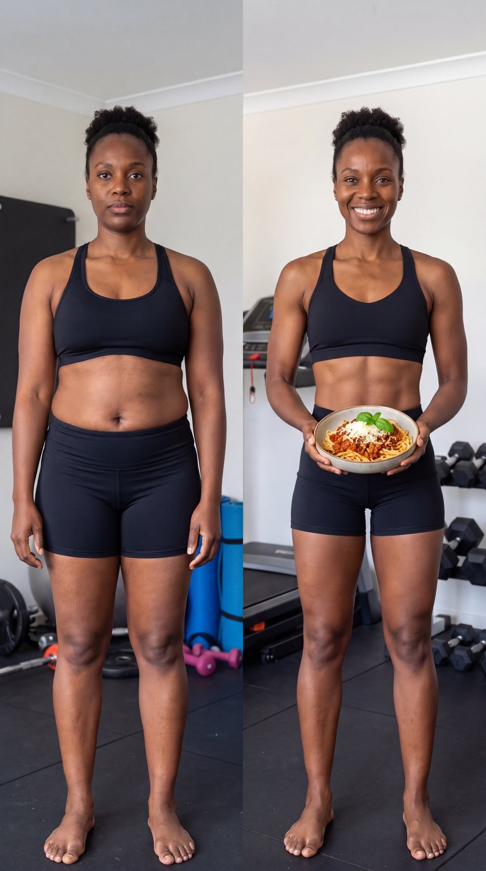 Antes y después de una mujer que celebra su cambio con un plato de comida